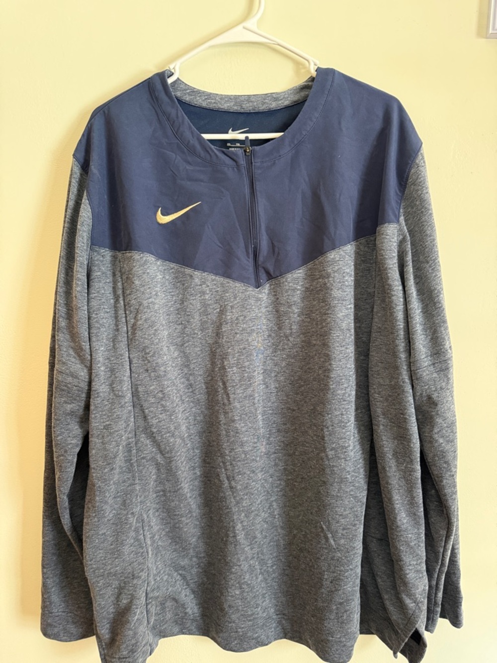 Nike Heather Gray and Navy Colorblock Pullover with Gold Swoosh